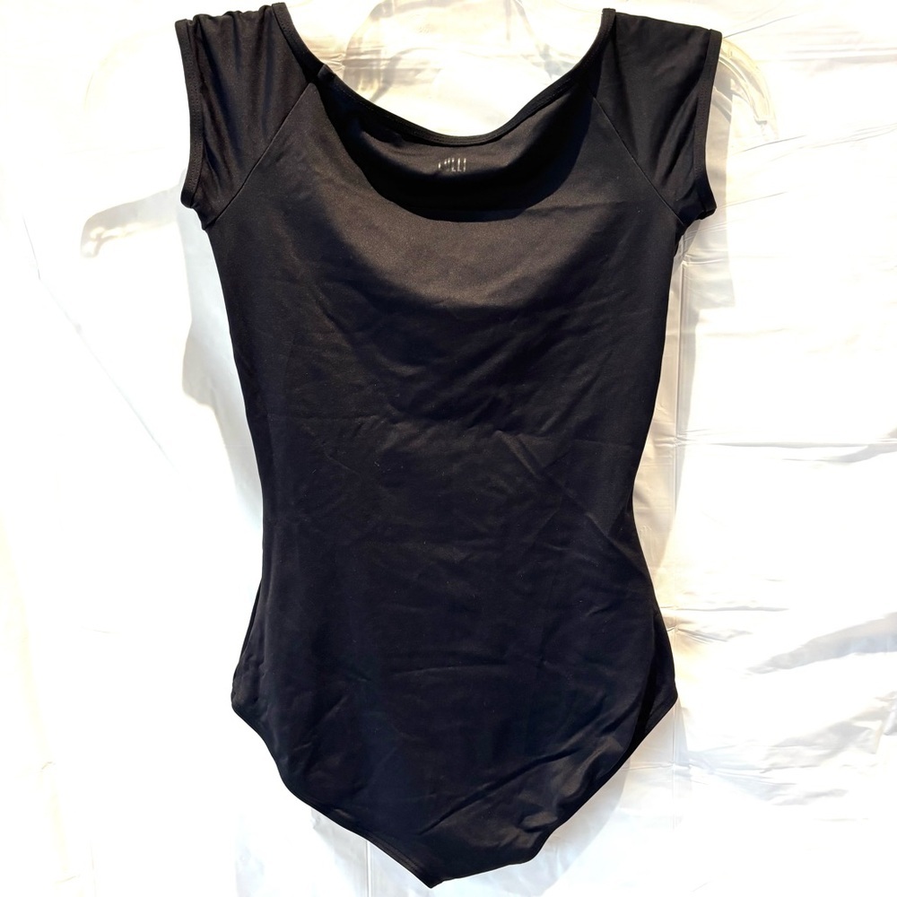 Lulu Dancewear Girls' Cap Sleeve Leotard scoop neck - Black SZ L NWOT